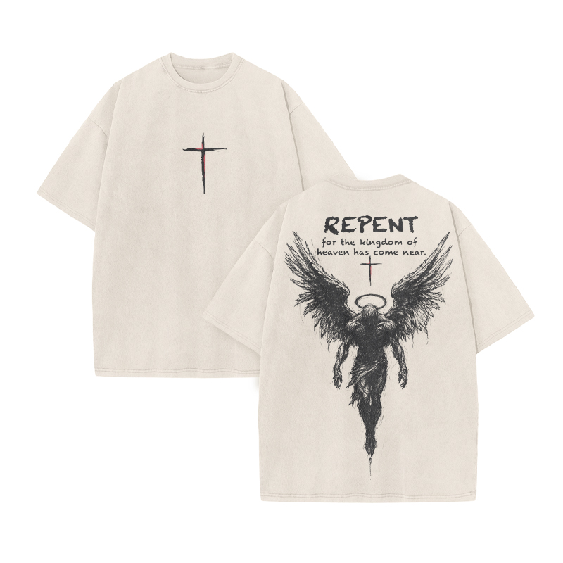 Repent For The Kingdom Of Heaven Has Come Near Print Acid Washed T-shirt - Beige - US20-22(3XL) - image 4
