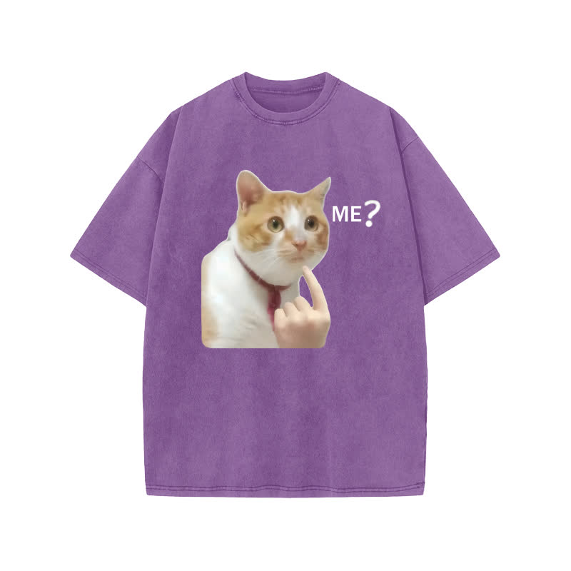 Unisex 100% Cotton Puzzled Cat Print Acid Washed T-shirt - Purple - US20-22(3XL) - image 9
