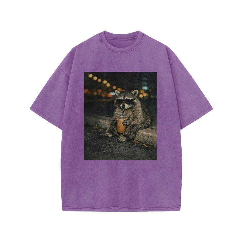 Raccoon Wearing Sunglasses Drinking Coffee Funny Print Acid Washed T-shirt - Purple - US20-22(3XL) - image 6