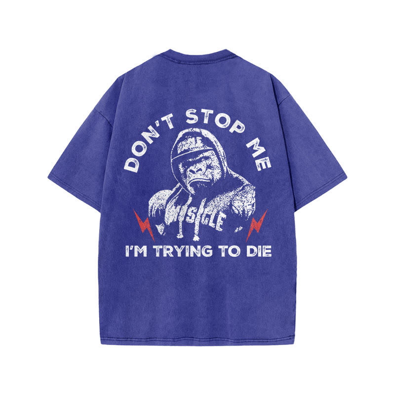 100% Cotton DON'T STOP ME Gym Print Acid Washed T-shirt - Blue - US20-22(3XL) - image 6