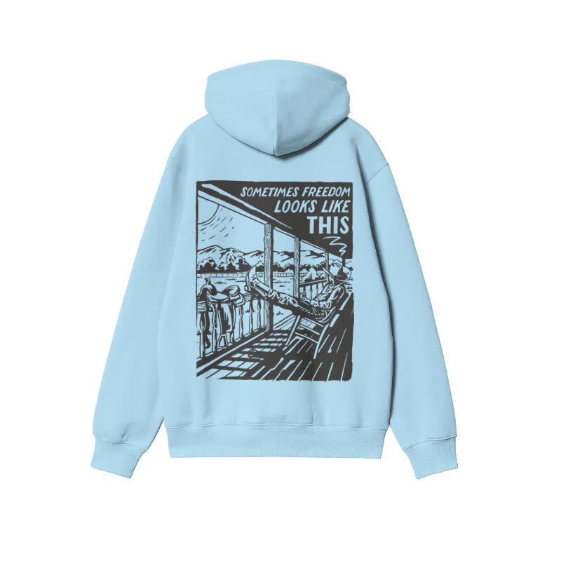 Unisex Western Leisure Time Print Hoodie - Light Blue - 2XL - image 6
