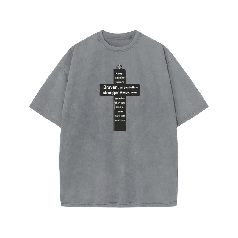 Unisex 100% Cotton Cross Necklace Print Acid Washed T-shirt - Grey - US20-22(3XL) - image 4