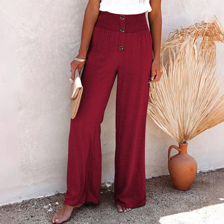 Casual Buttoned Elastic Waist Straight Pants - Wine - 3XL - image 5