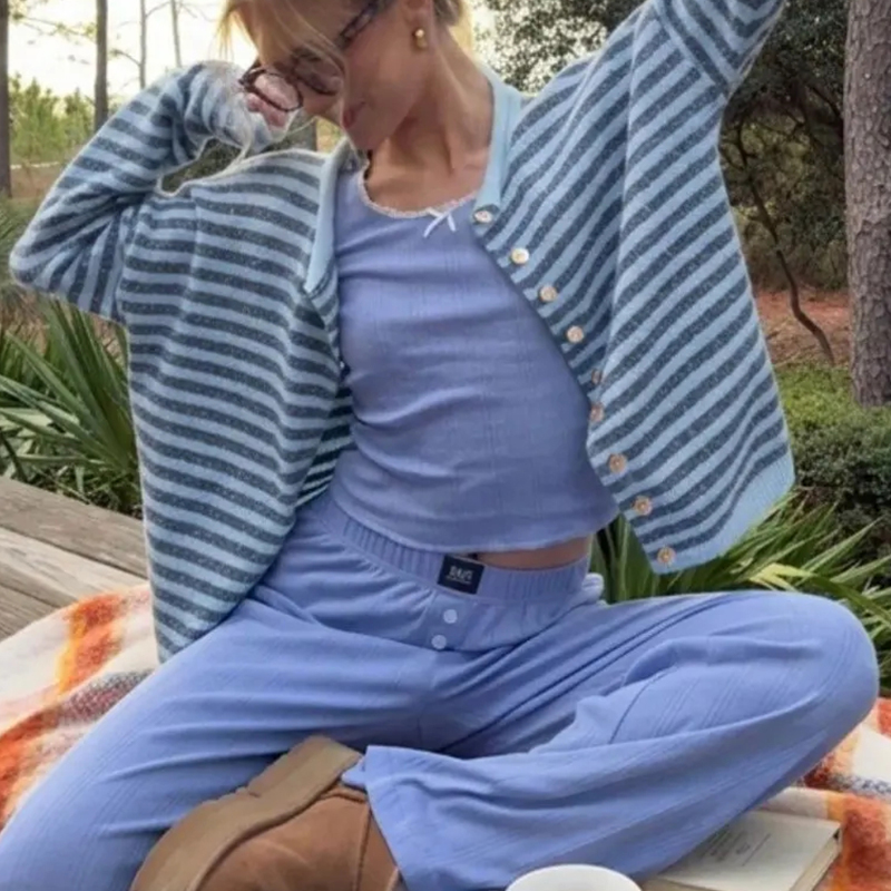 Women's Coastal Striped Knit Button Front Cardigan Sweater - Lake Blue - 3XL - image 5
