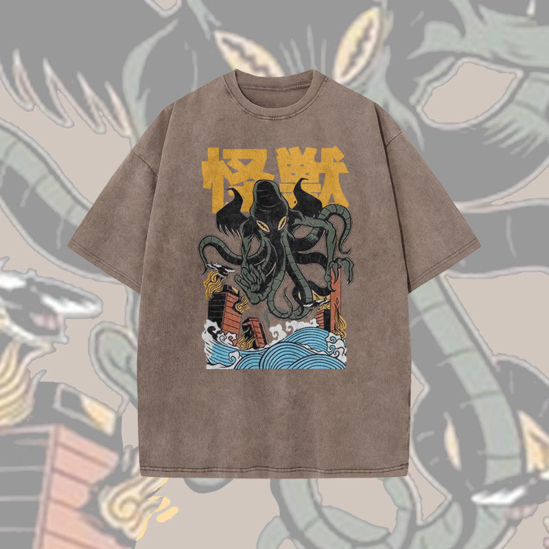 Unisex 100% Cotton Japanese Octopus Monster Print Acid Washed T-shirt