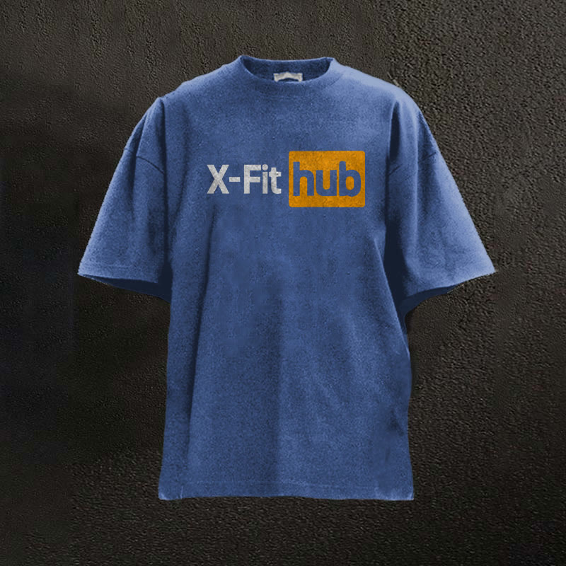100% Cotton X-fit Hub Printed Washed Gym T-shirt - Blue - 2XL - image 9