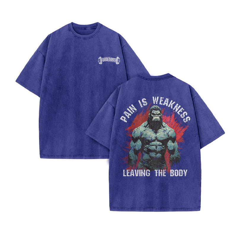 100% Cotton Pain Is  Weakness Leaving The Body Gym Print Acid Washed T-shirt - Blue - US20-22(3XL) - image 9