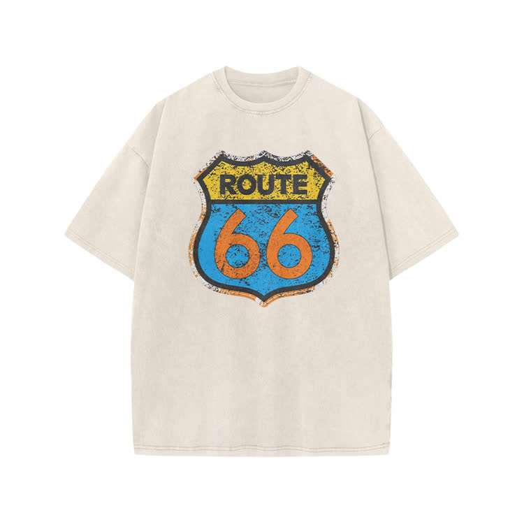 Vintage Route 66 Distressed Graphic Print Acid Washed T-shirt - Beige - US20-22(3XL) - image 5