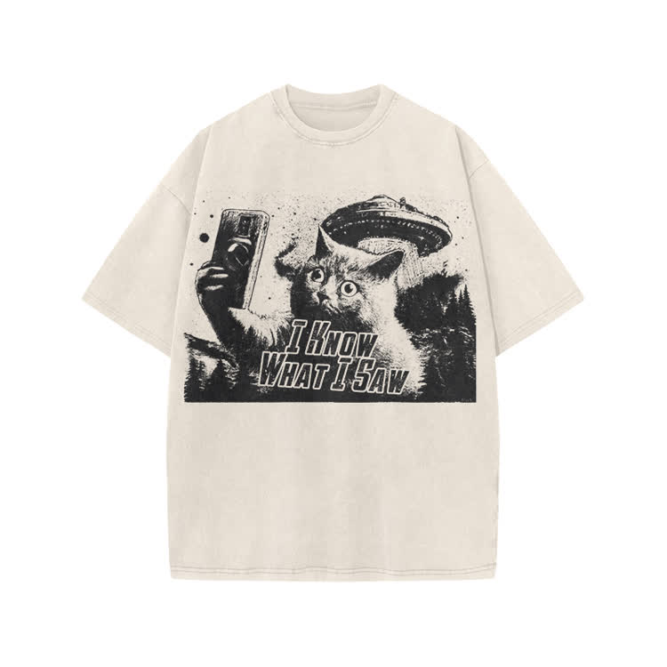 Vintage Sci Fi Novelty Alien Cat Graphic Washed T-Shirt - Beige - US20-22(3XL) - image 6