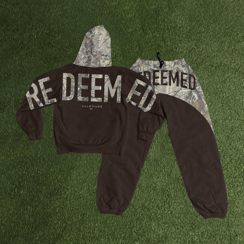 Redeemed Dead Leaves Camouflage Print Hoodie Set - Coffee - 8XL - image 5