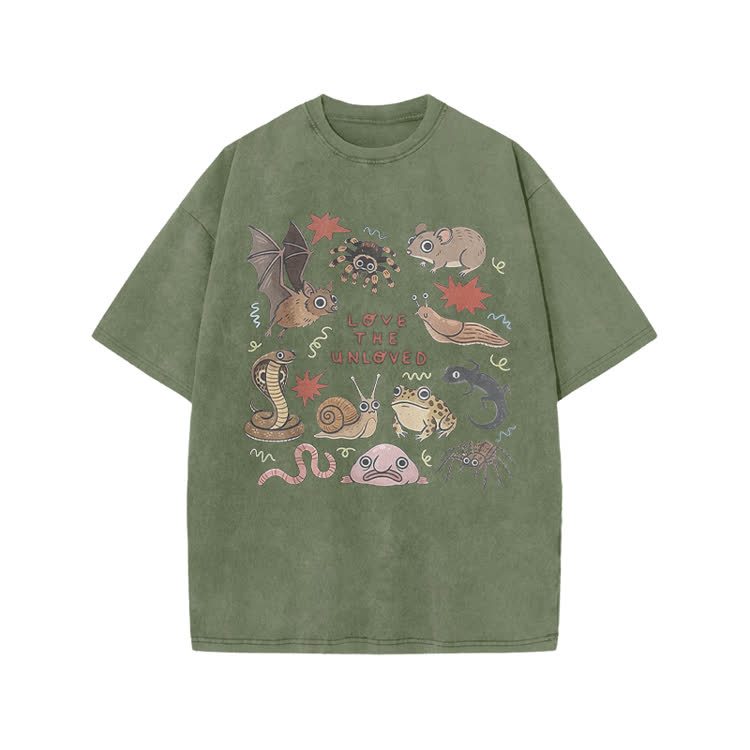 Retro Love The Unloved Cartoon Graphic Print Acid Washed T-Shirt - Army Green - US20-22(3XL) - image 9