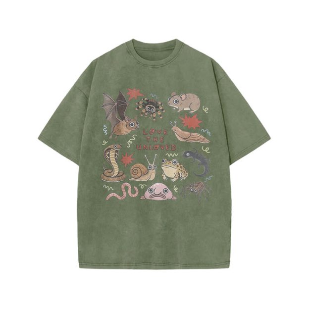 Retro Love The Unloved Cartoon Graphic Print Acid Washed T-Shirt - Army Green - US20-22(3XL) - image 9