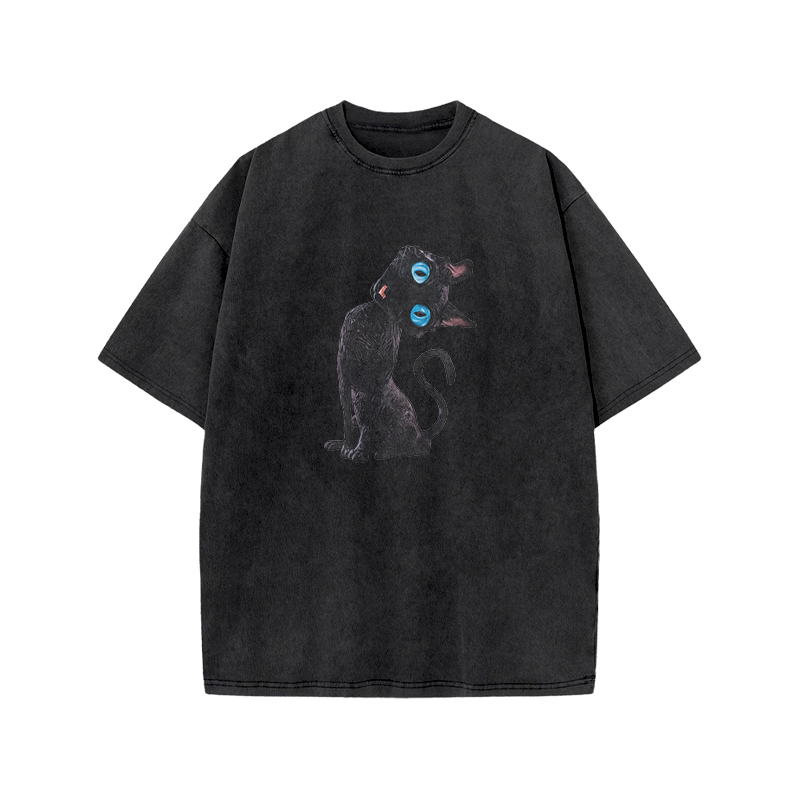 Vintage Black Cat Graphic Acid Washed T Shirt - Black - US20-22(3XL) - image 4