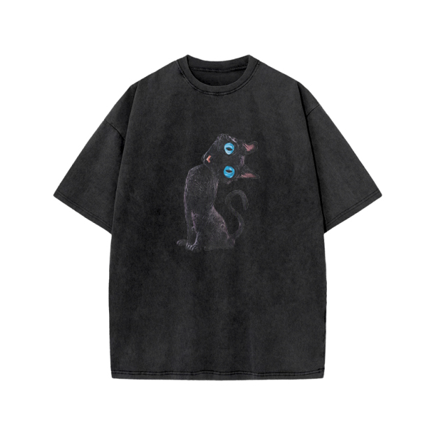 Vintage Black Cat Graphic Acid Washed T Shirt - Black - US20-22(3XL) - image 4