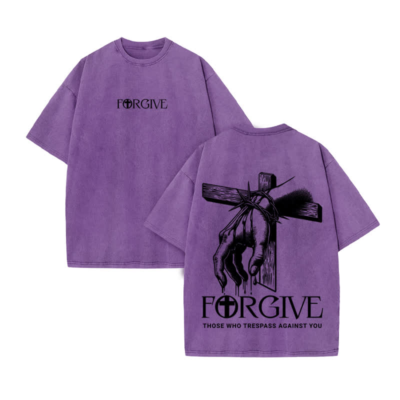 Unisex 100% Cotton Forgive Print Acid Washed T-shirt - Purple - US20-22(3XL) - image 9
