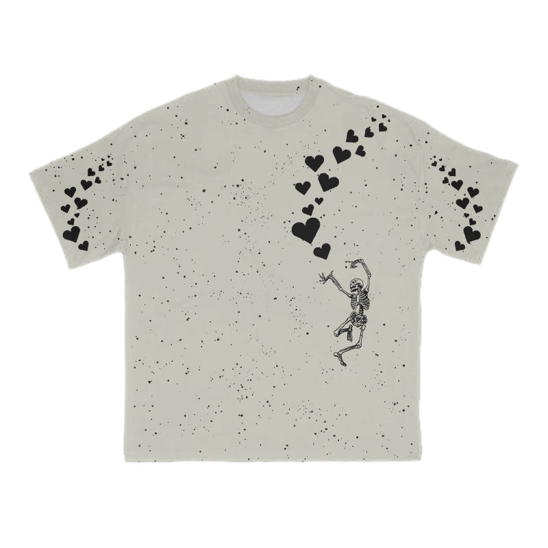 Unisex Dancing Skeleton Heart Print T-shirt - Grey - 8XL - image 4