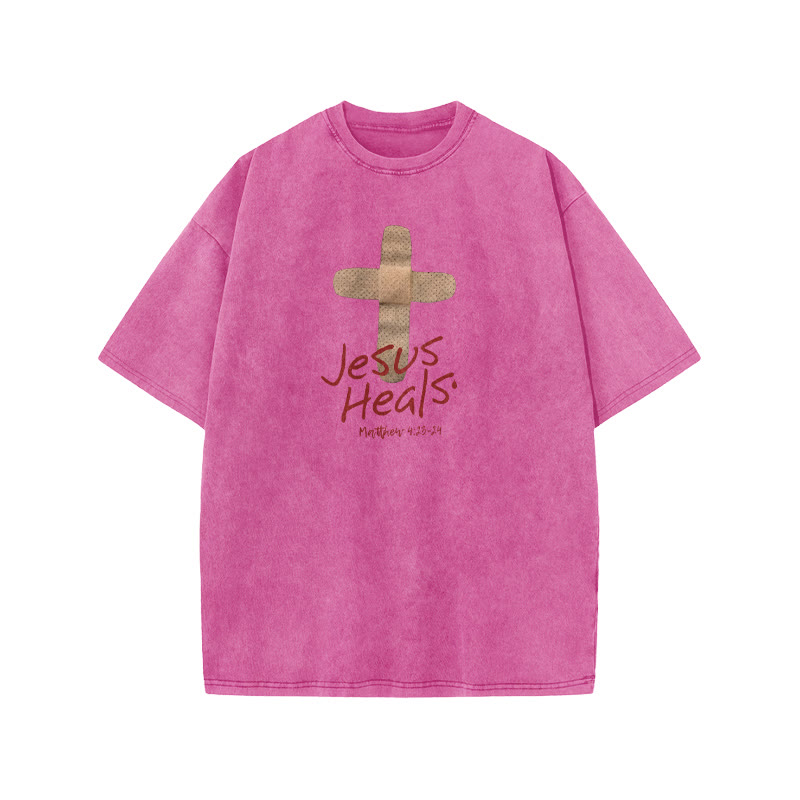 Unisex Cute Jesus Heals Matthew 4:23-24 Print Acid Washed T-shirt - Pink - US20-22(3XL) - image 7