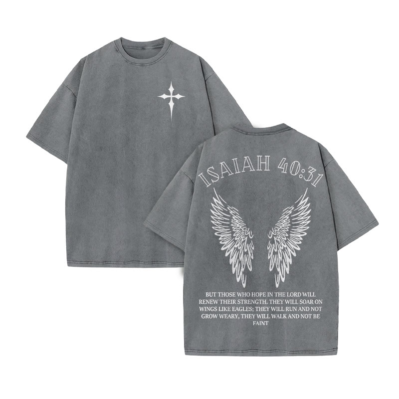 Unisex 100% Cotton Isaiah 40:31 Wings Print Acid Washed T-shirt - Grey - US20-22(3XL) - image 4