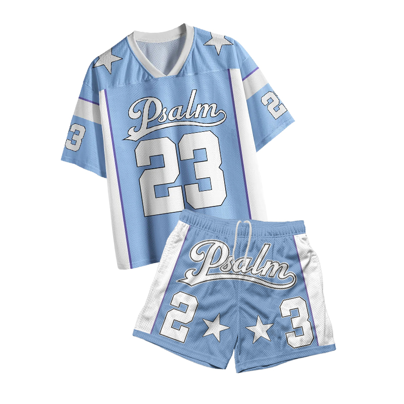 Psalm 23 Print Mesh T-shirt Set - Blue - 4XL - image 1