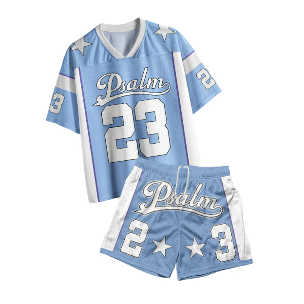 Psalm 23 Print Mesh T-shirt Set - Blue - 4XL - image 1