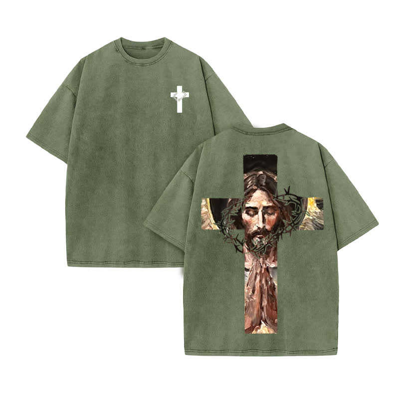 Unisex 100% Cotton Jesus On The Cross Oil Painting Print Acid Washed T-shirt - Army Green - US20-22(3XL) - image 6