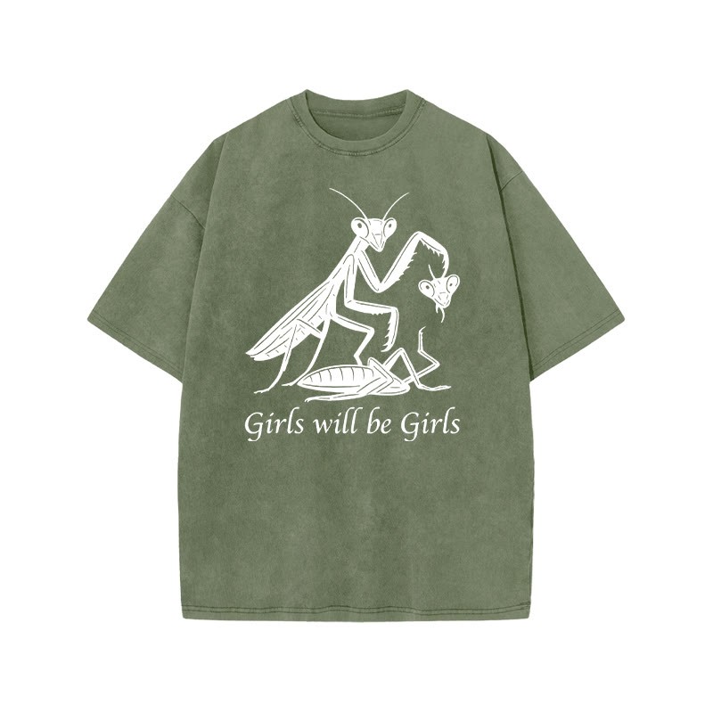 Girls Will Be Girls Print Acid Washed T-shirt - Army Green - US20-22(3XL) - image 5