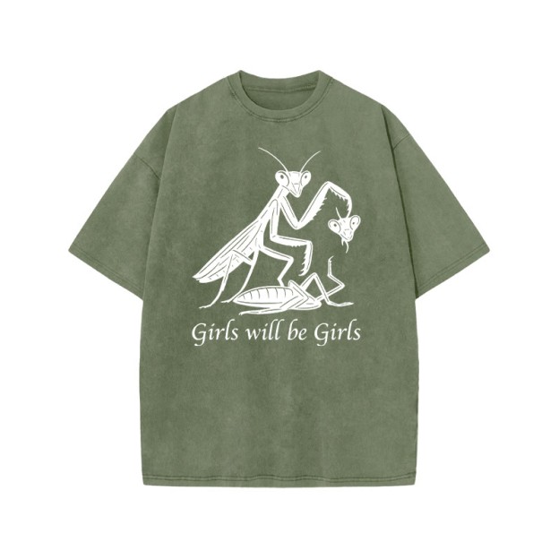 Girls Will Be Girls Print Acid Washed T-shirt - Army Green - US20-22(3XL) - image 5