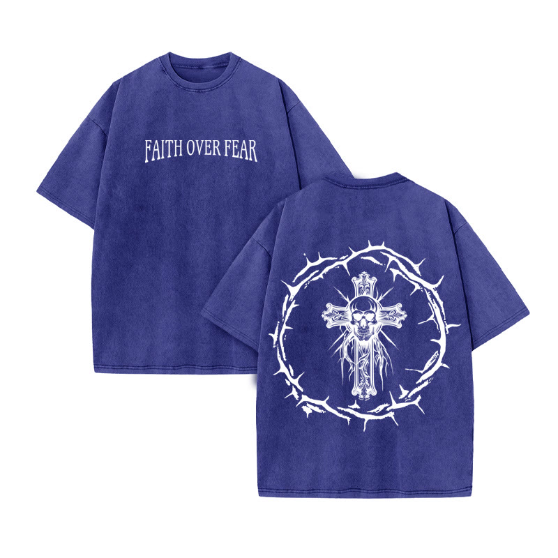 Unisex 100% Cotton Faith Over Fear Print Acid Washed T-shirt - Blue - US20-22(3XL) - image 9