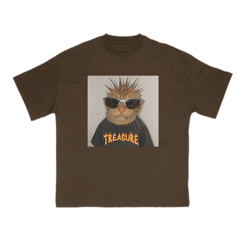 Unisex 100% Cotton Punk Cat Creative Print T-shirt - Coffee - US16-18(2XL) - image 5