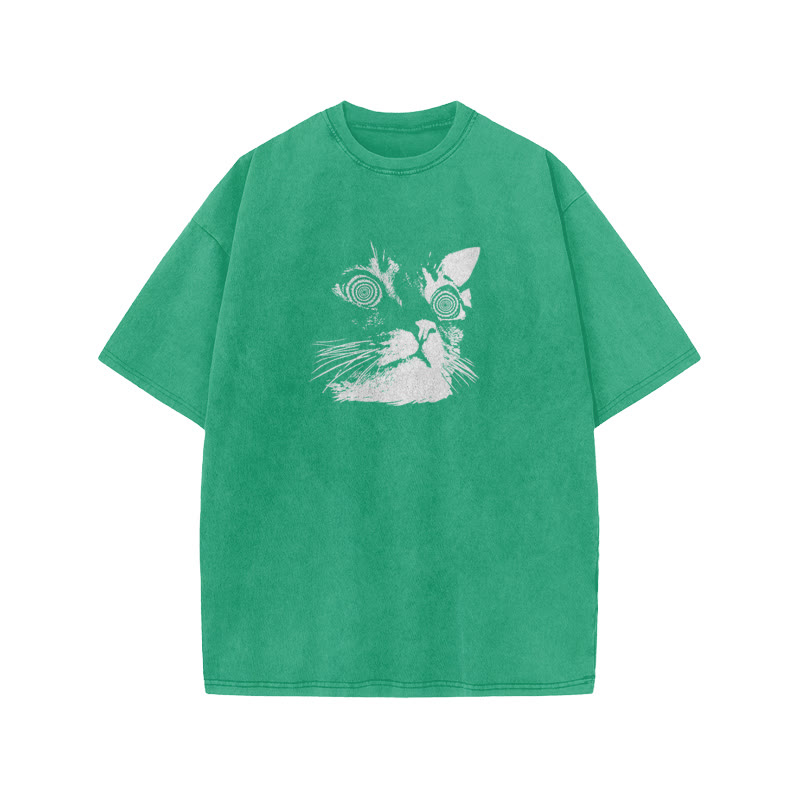 Unisex 100% Cotton Hypnotic Cat Print Acid Washed T-shirt - Green - US20-22(3XL) - image 6