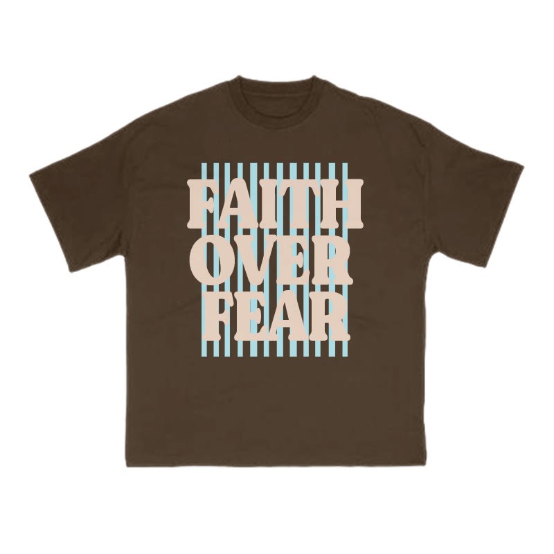 Unisex 100% Cotton Faith Over Fear Stripes Print T-shirt - Coffee - US16-18(2XL) - image 4