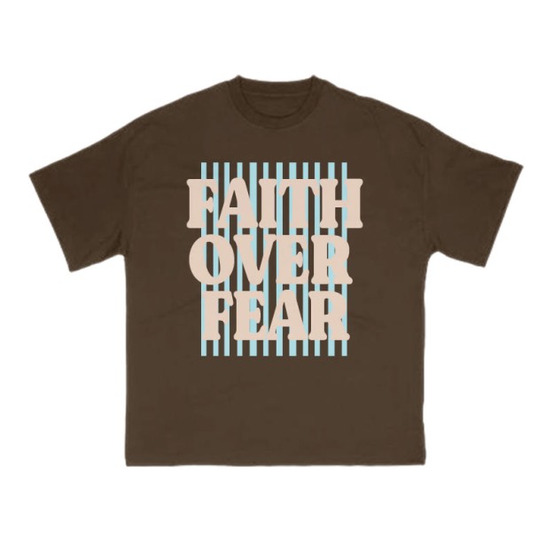 Unisex 100% Cotton Faith Over Fear Stripes Print T-shirt - Coffee - US16-18(2XL) - image 4