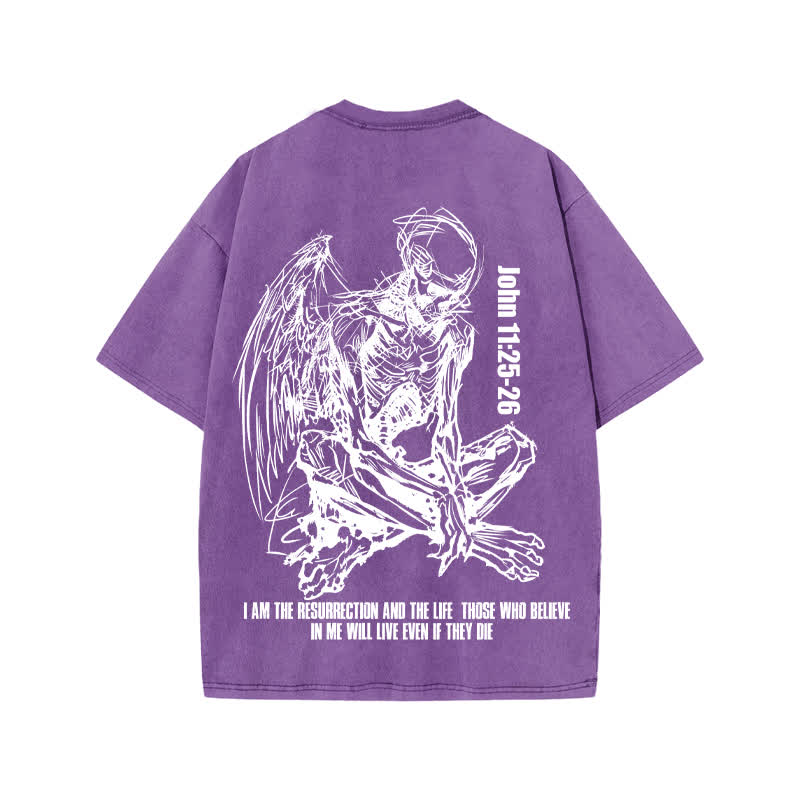 Unisex John 11:25-26 Print Acid Washed T-shirt - Purple - US20-22(3XL) - image 9