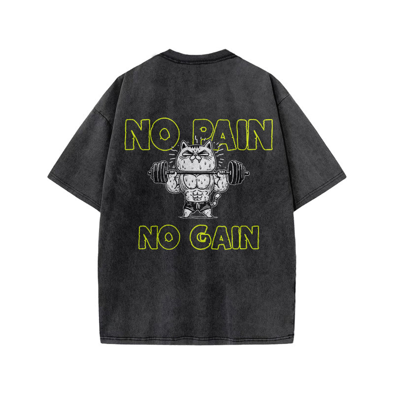 100% Cotton NO PAIN NO GAIN Gym Print Acid Washed T-shirt - image 3