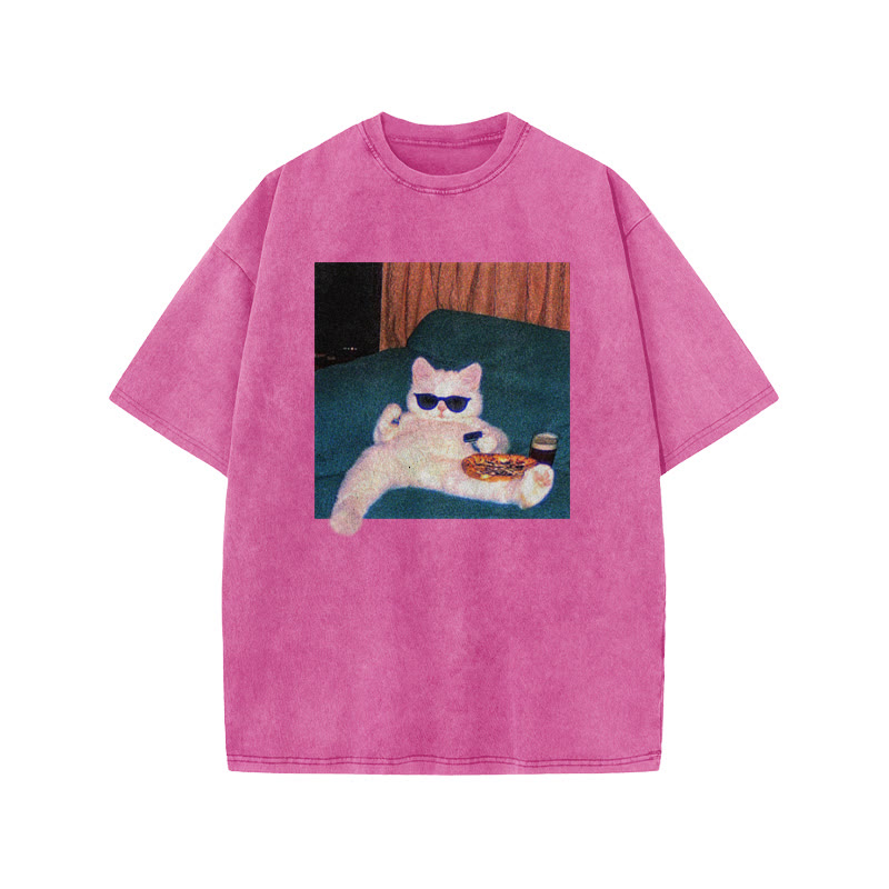 Unisex 100% Cotton Cool Cat Print Acid Washed T-shirt - Pink - US20-22(3XL) - image 7