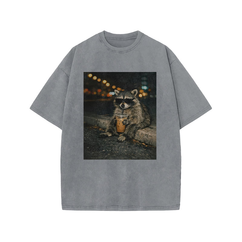 Raccoon Wearing Sunglasses Drinking Coffee Funny Print Acid Washed T-shirt - Grey - US20-22(3XL) - image 4