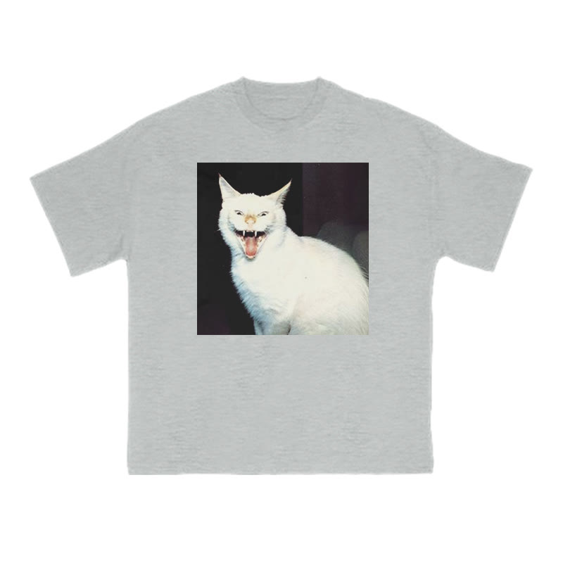 Unisex 100% Cotton Fierce Cat Print T-shirt - Grey - US16-18(2XL) - image 4