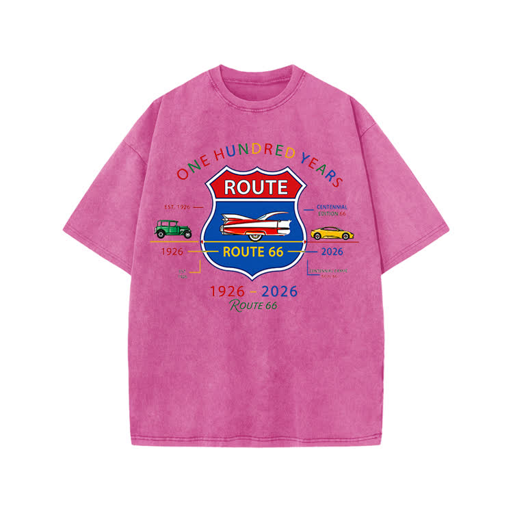 Vintage Route 66 Centennial Graphic Print Acid Washed T-shirt - Pink - US20-22(3XL) - image 9