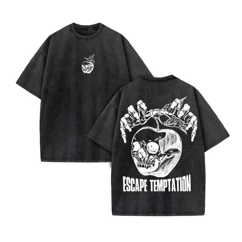Unisex 100% Cotton Escape Temptation Print Acid Washed T-shirt - Black - US20-22(3XL) - image 3