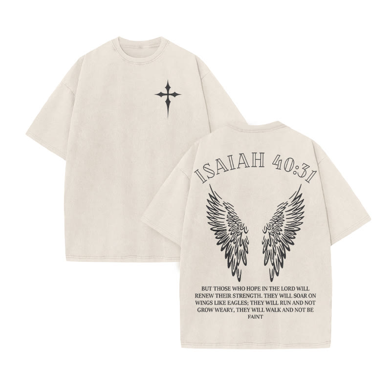 Unisex 100% Cotton Isaiah 40:31 Wings Print Acid Washed T-shirt - Beige - US20-22(3XL) - image 3