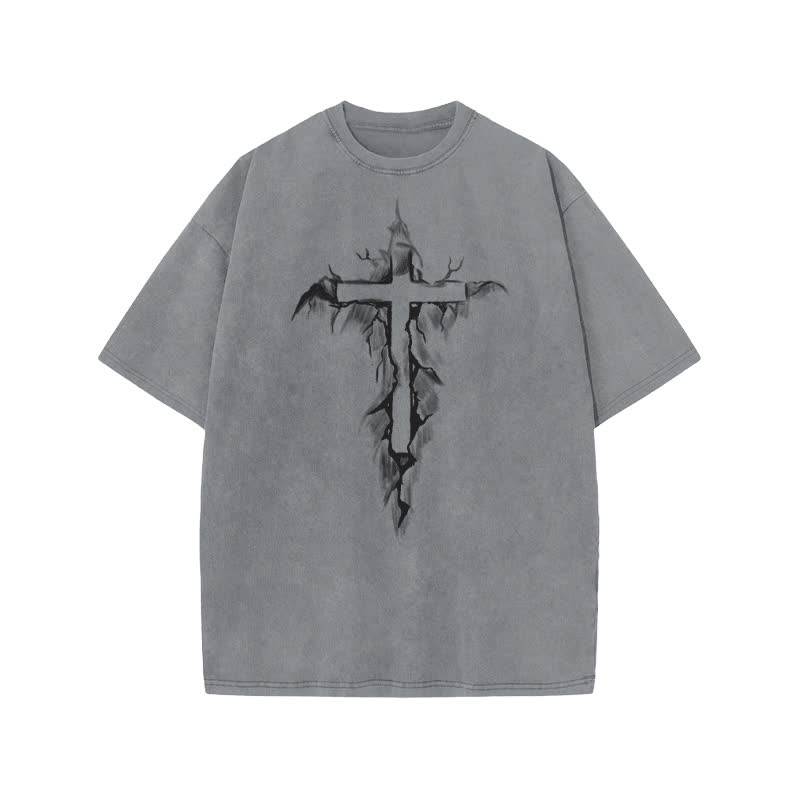 Unisex 100% Cotton Cross In The Crack Print Acid Washed T-shirt - Grey - US20-22(3XL) - image 4