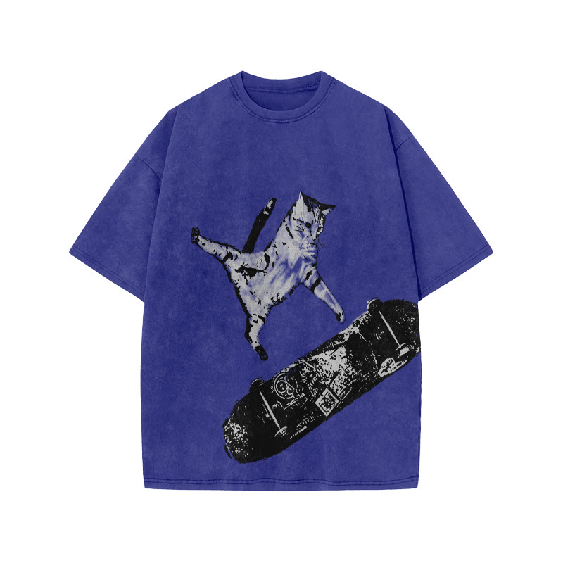 Unisex 100% Cotton Street Skate Cat Print Acid Washed T-shirt - Blue - US20-22(3XL) - image 8