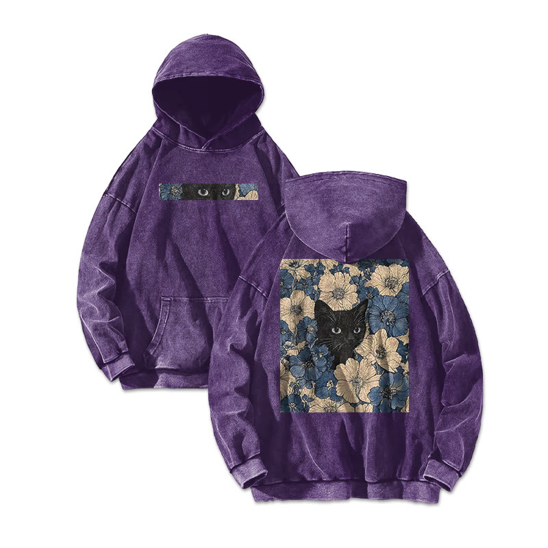 Black Cat In A Patchwork Flower Field Printed Washed Hoodie - Purple - US16-18(2XL) - image 5