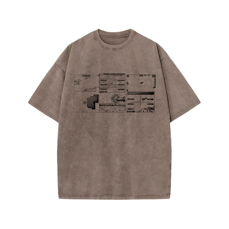 Casual Graphic Panel Graphic Print Acid Washed T-Shirt - Coffee - US20-22(3XL) - image 5