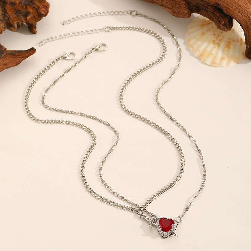Heart & Sword Necklace - Red-Silver - one size - image 4