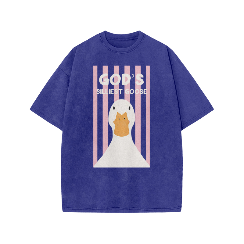 God's Silliest Goose Print Acid Washed T-shirt - Blue - US20-22(3XL) - image 7