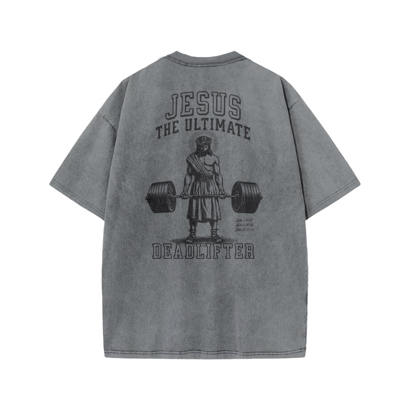Jesus The Ultimate Deadlifter Print Acid Washed T-shirt - Grey - US20-22(3XL) - image 3