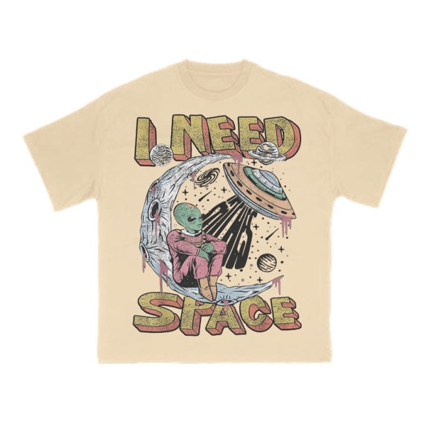 Unisex 100% Cotton I Need Space Creative Print T-shirt - Apricot - US16-18(2XL) - image 5