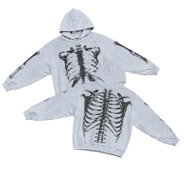Gothic Skeleton Long Sleeve Pullover Graphic Print Hoodie - Grey - US16-18(2XL) - image 8