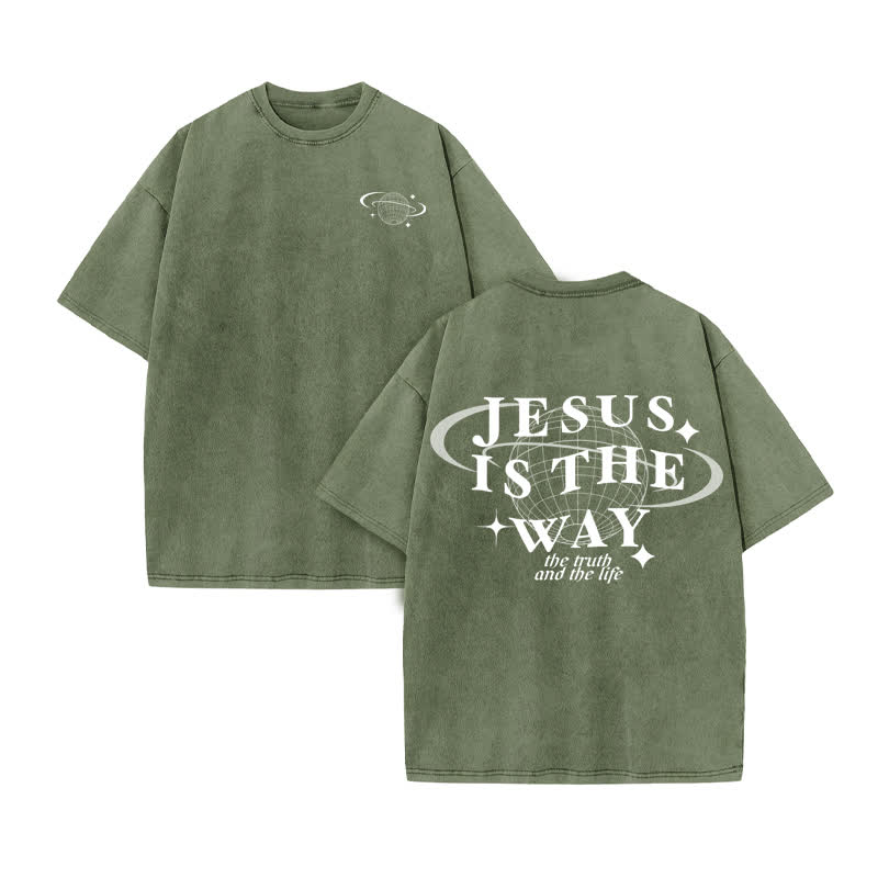 Unisex Jesus Is The Way The Truth The Life Print Acid Washed T-shirt - Army Green - US20-22(3XL) - image 6